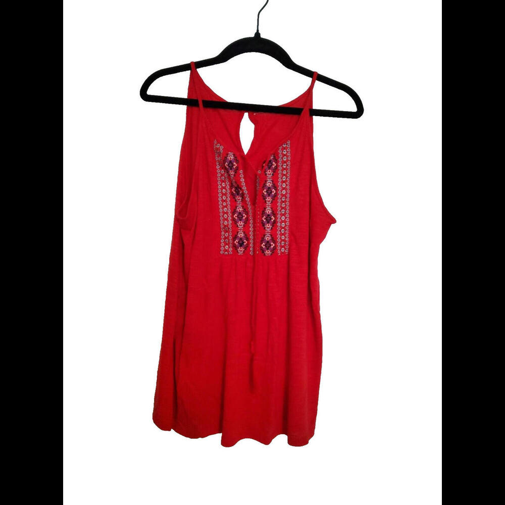 Red Tribal Print Tank Top Ladies Embroidered Tie Button Back Small